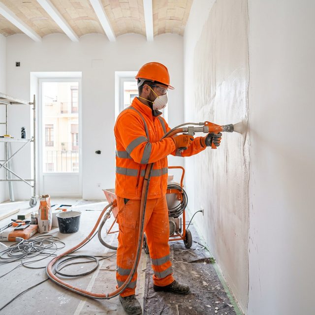 Trabajador profesional aplicando peso en pared
